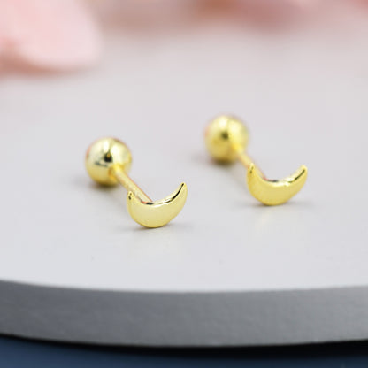 Tiny Crescent Moon Barbell Earrings in Sterling Silver, Screw back Moon Earrings, Celestial Earrings