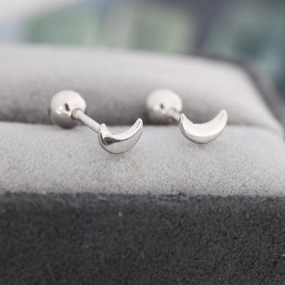 Tiny Crescent Moon Barbell Earrings in Sterling Silver, Screw back Moon Earrings, Celestial Earrings