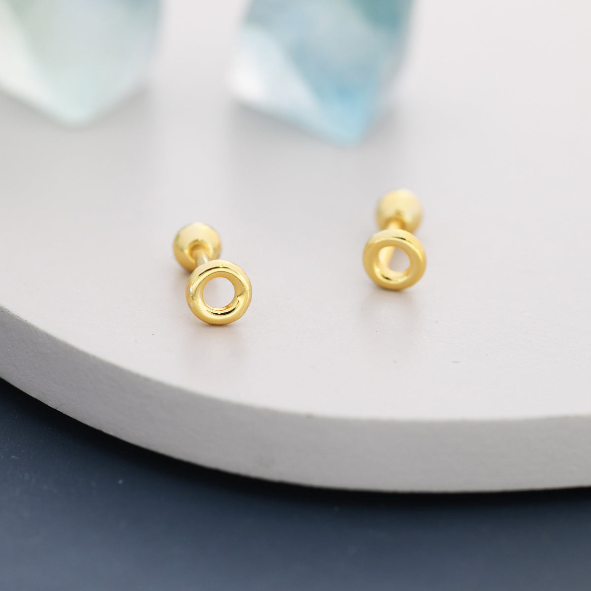 Tiny Circle Barbell Earrings in Sterling Silver, Open Circle Screw Back Earrings, Silver, Gold or Rose Gold, Minimalist Geometric Design
