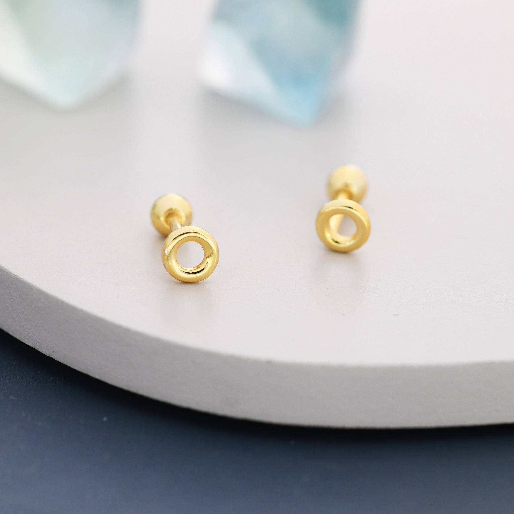 Tiny Circle Barbell Earrings in Sterling Silver, Open Circle Screw Back Earrings, Silver, Gold or Rose Gold, Minimalist Geometric Design