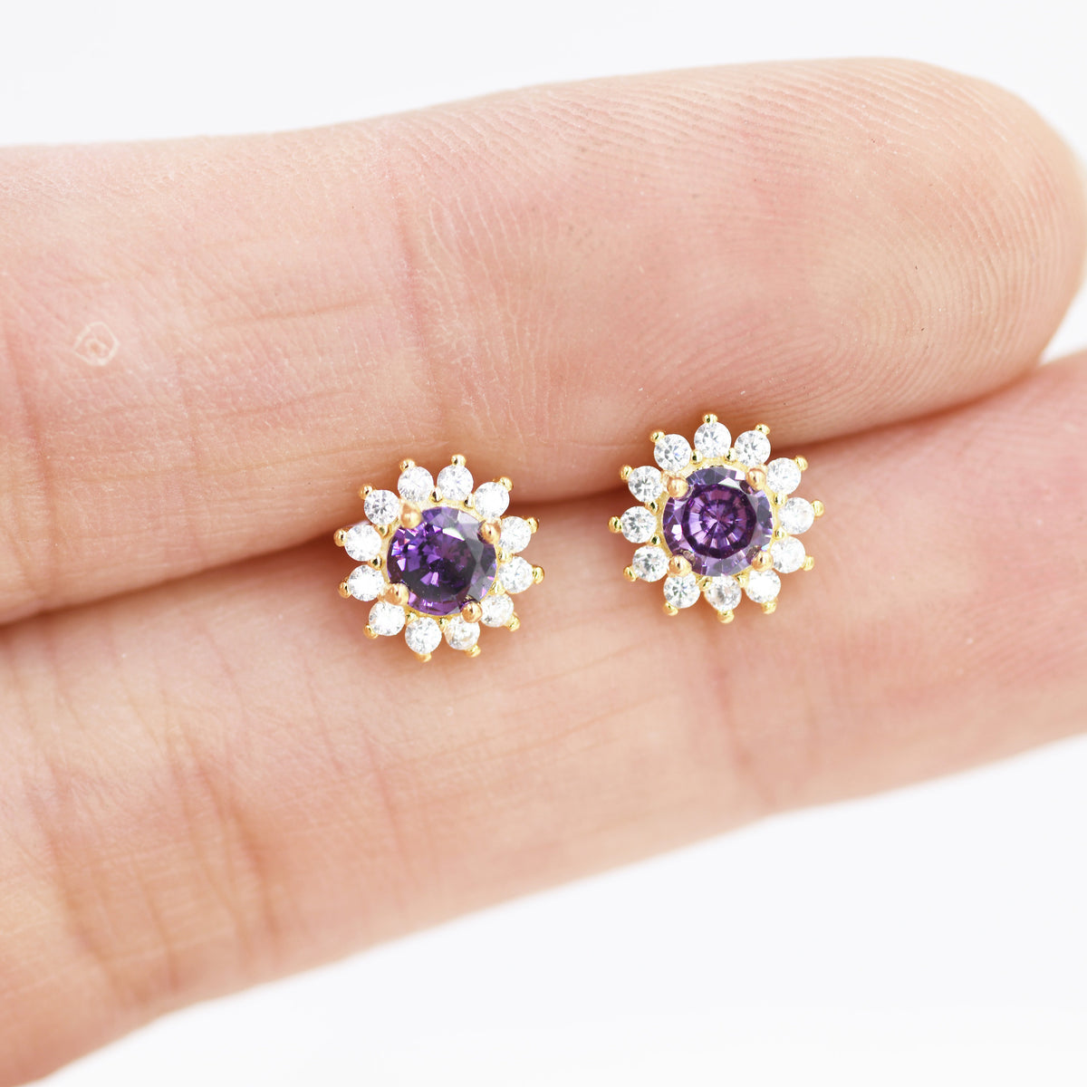 Purple CZ Halo Stud Earrings