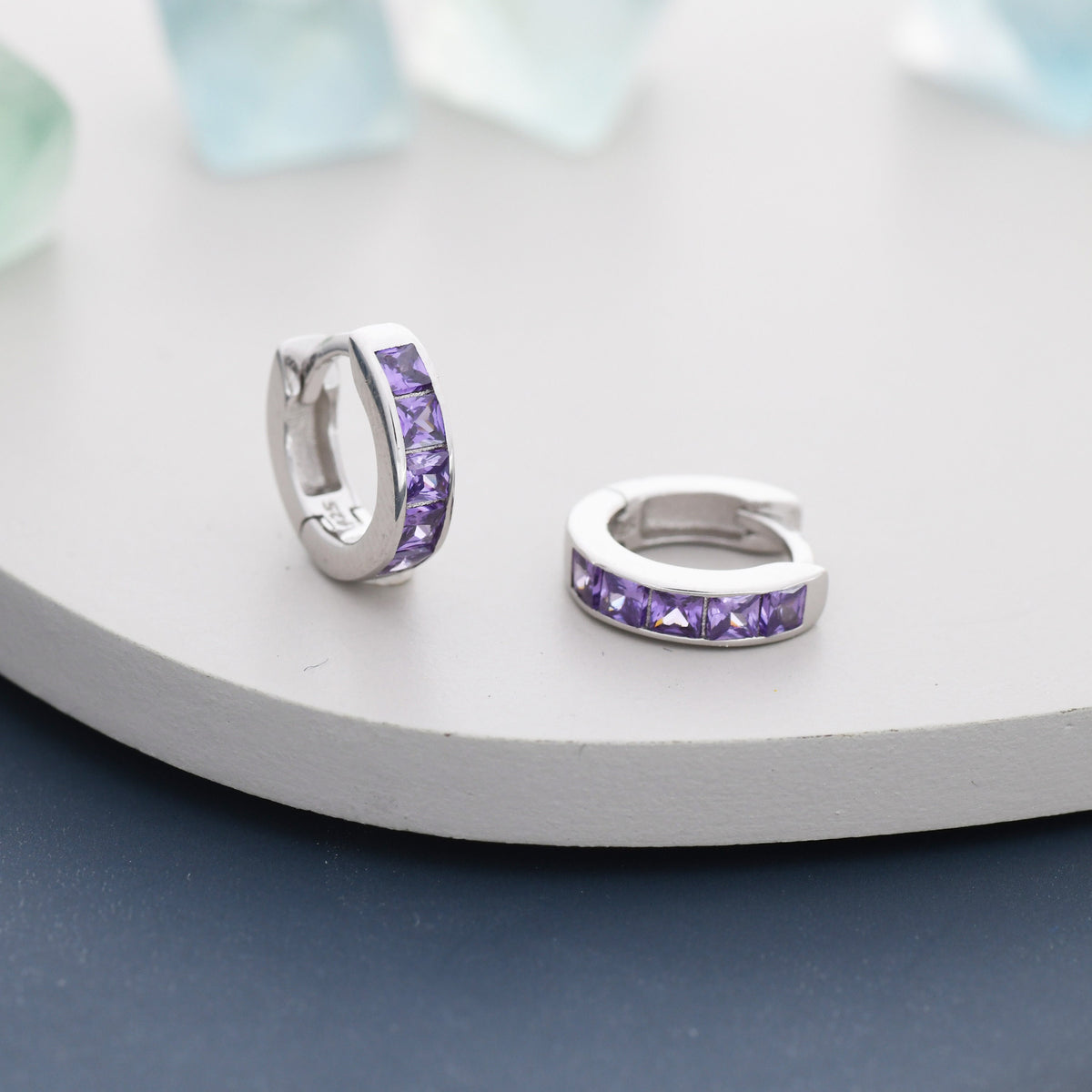 Purple CZ Princess Cut Huggie Hoop Earrings