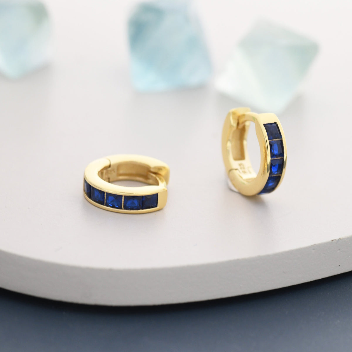 Princess Cut Blue CZ Huggie Hoop Earrings