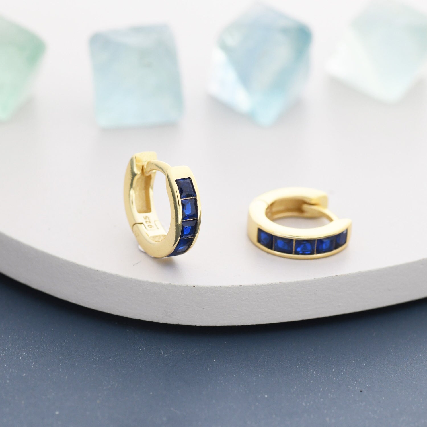 Sapphire Blue CZ  3mm Huggie Hoop in Sterling Silver, Silver or Gold,  7mm Inner Diameter Hoop Earrings, September Birthstone, Princess Cut