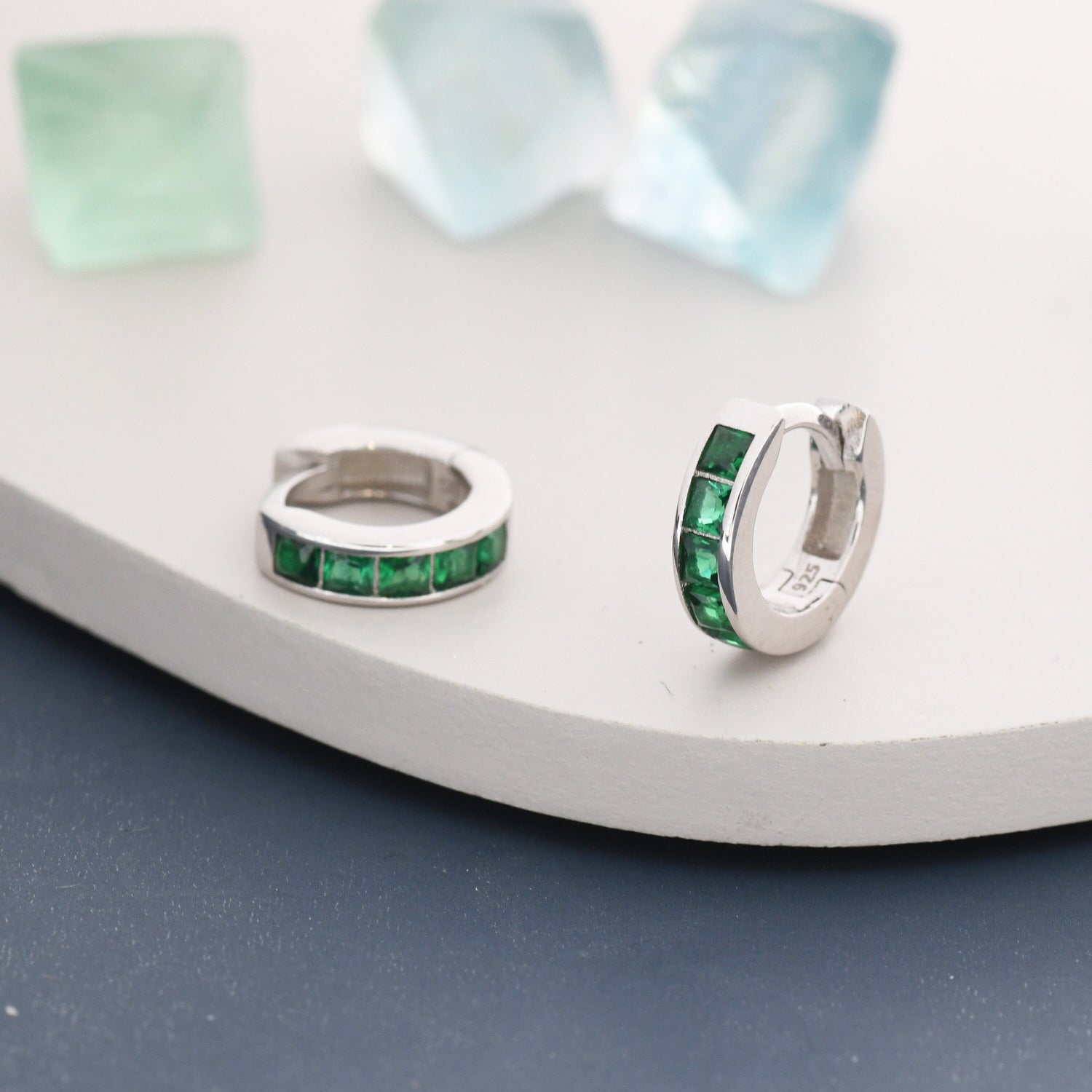 Emerald Green CZ 3mm Huggie Hoop in Sterling Silver, Silver or Gold,  7mm Inner Diameter Hoop Earrings, May Birthstone, Princess Cut
