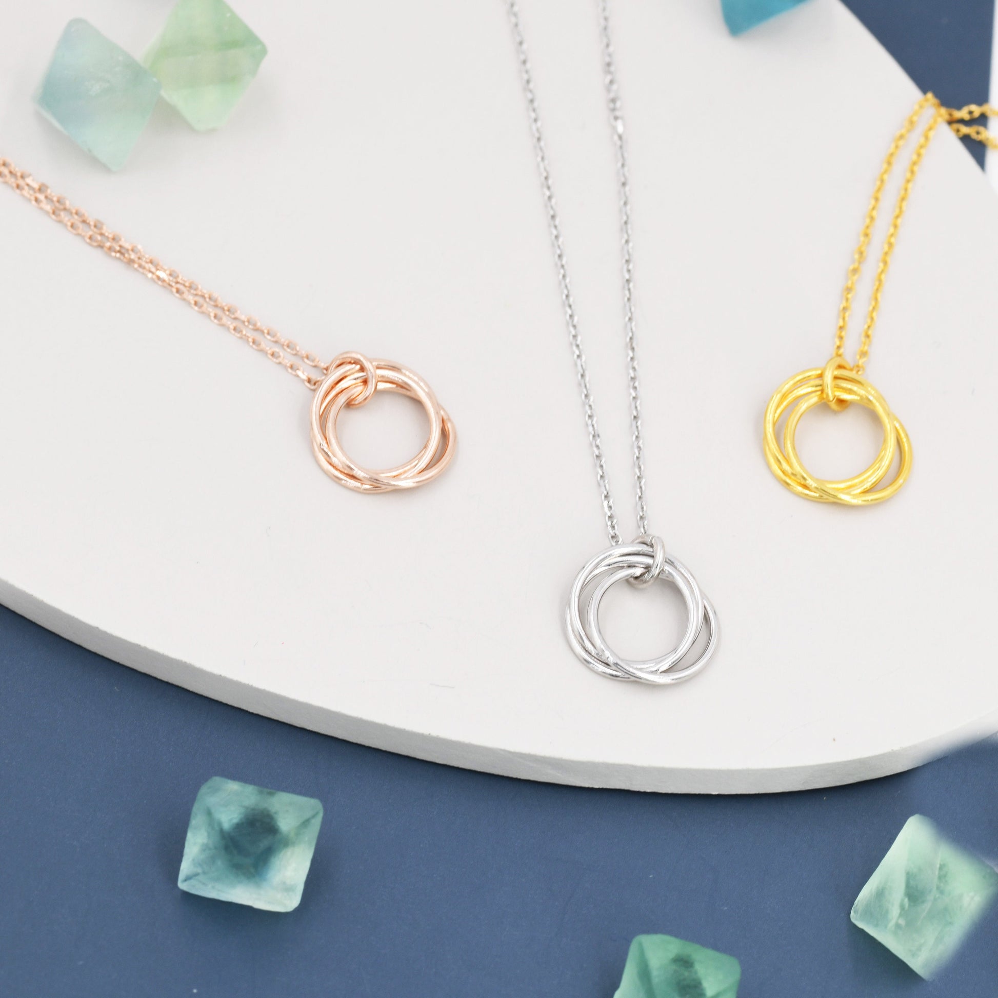 Sterling Silver Three Interlocking Circles Pendant Necklace, Three Entwined Circles for 30s, Infinity Necklace, Silver, Gold and Rose Gold,