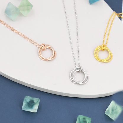 Sterling Silver Three Interlocking Circles Pendant Necklace, Three Entwined Circles for 30s, Infinity Necklace, Silver, Gold and Rose Gold,