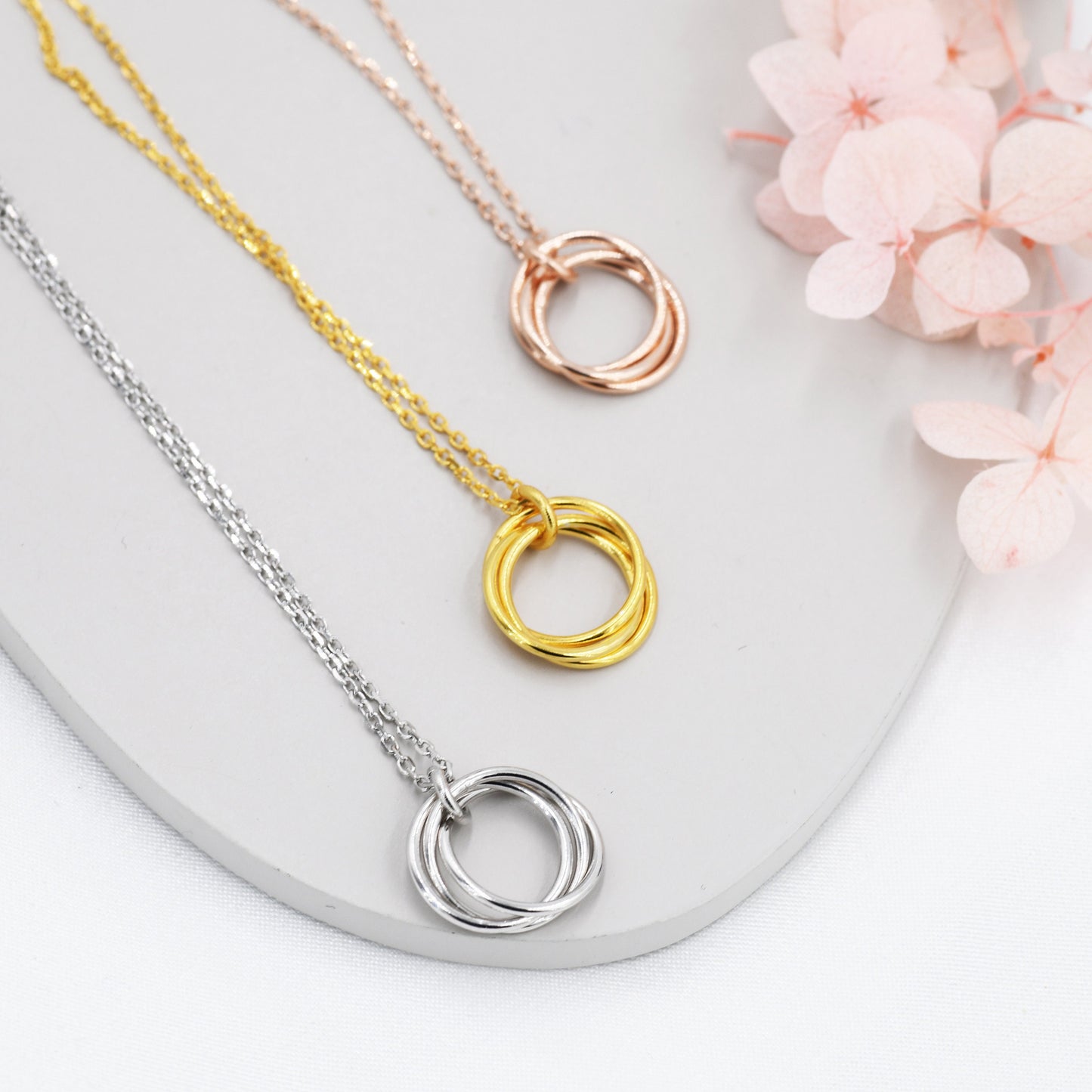 Sterling Silver Three Interlocking Circles Pendant Necklace, Three Entwined Circles for 30s, Infinity Necklace, Silver, Gold and Rose Gold,