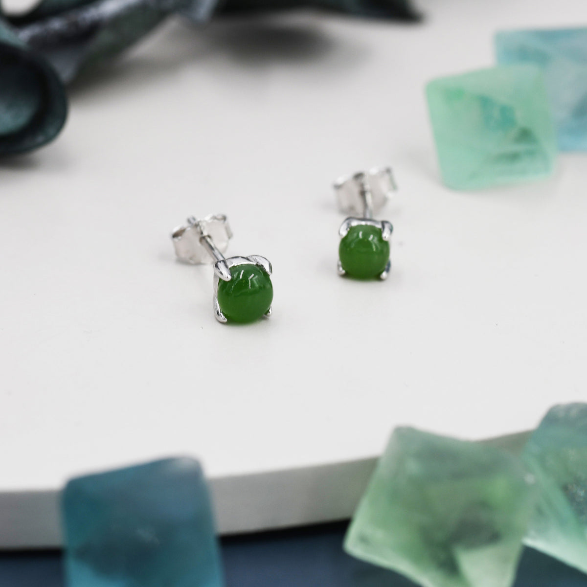 Natura Jasper Jade Stud Earrings in Sterling Silver, Semi-Precious Gemstone Earrings, 4mm, 4 prong Genuine Jade Earrings