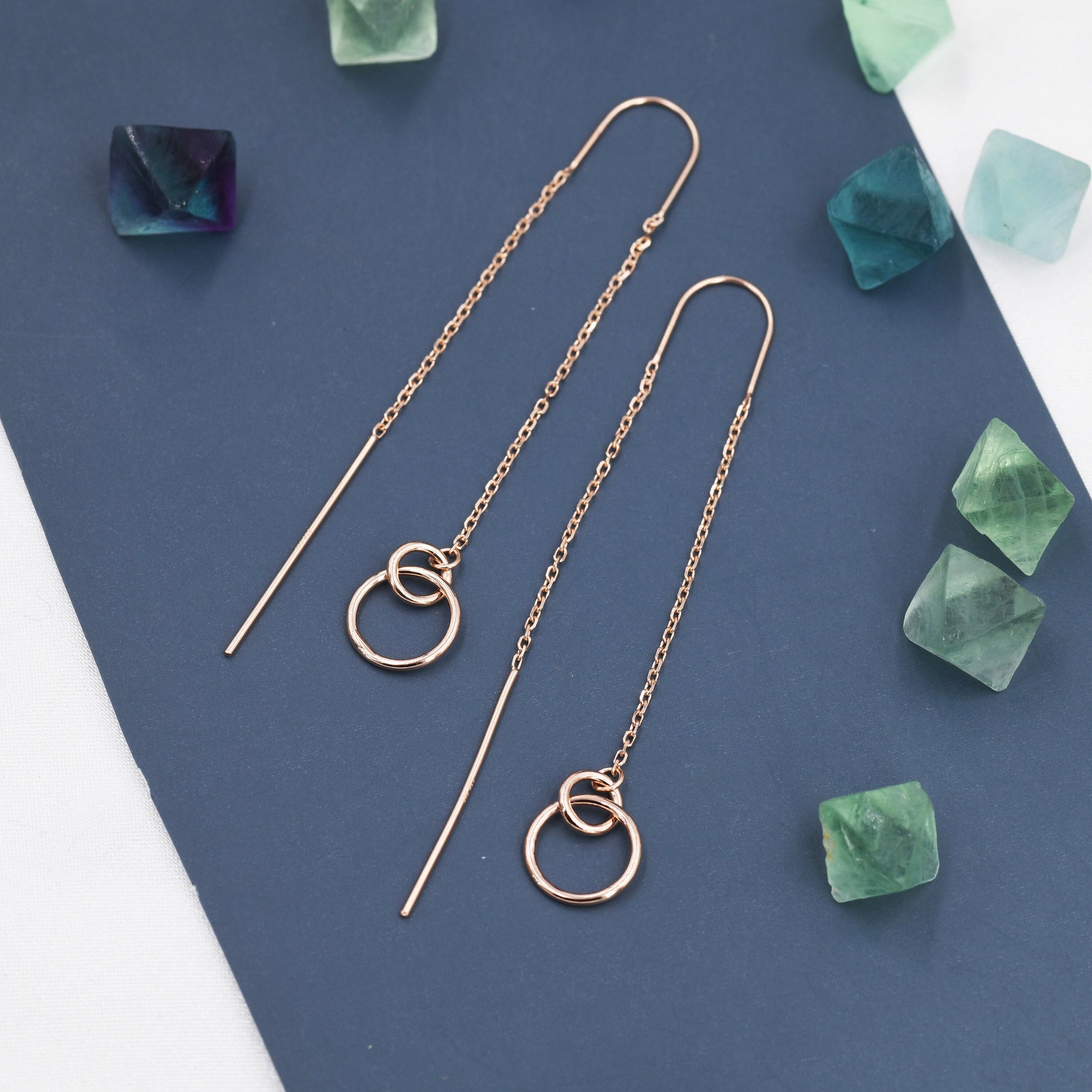 Double Circle Threader Earrings in Sterling Silver, Interlink Circle Ear Threaders, Silver, Gold or Rose Gold, Long Threaders U Threaders