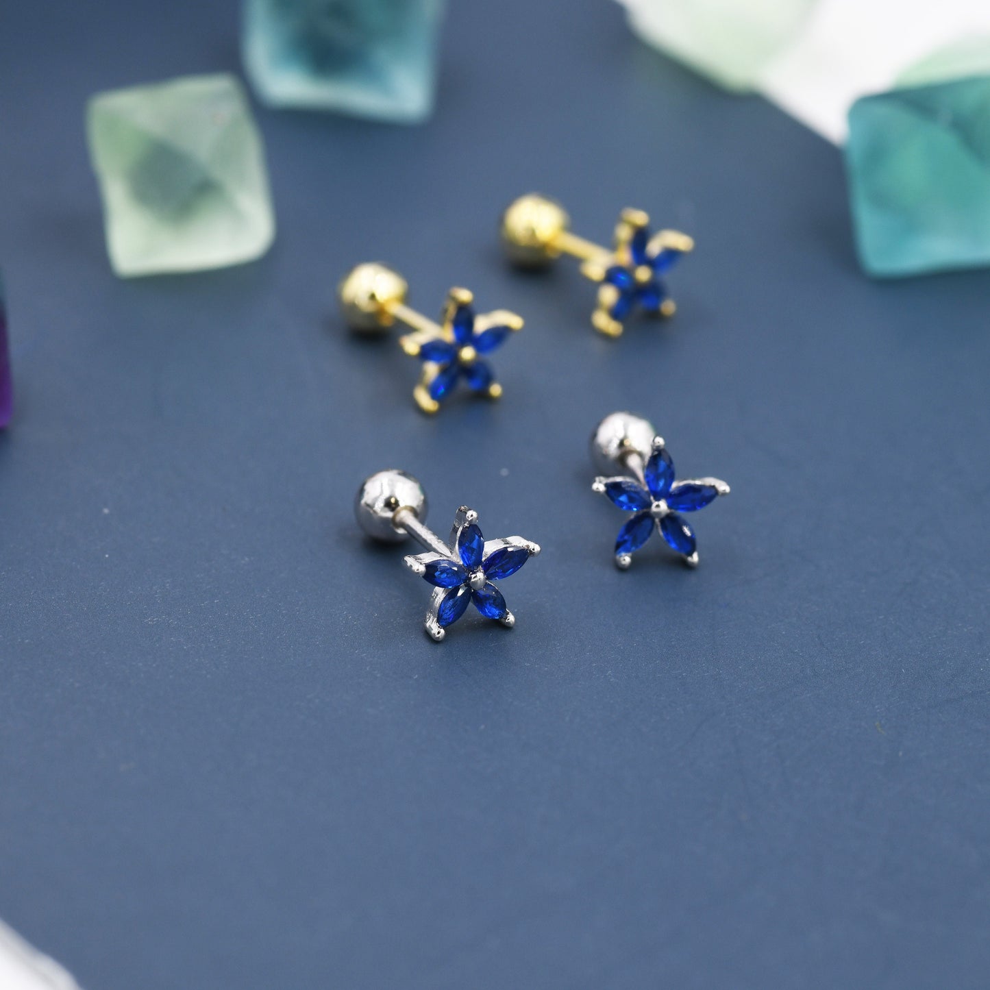 Sterling Silver Blue Forget-me-not CZ Flower Barbell Earrings,  Gold or Silver, Marquise CZ Screw Back Earrings, Stacking Earrings