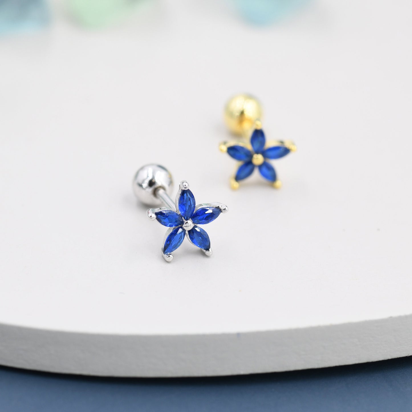 Sterling Silver Blue Forget-me-not CZ Flower Barbell Earrings,  Gold or Silver, Marquise CZ Screw Back Earrings, Stacking Earrings