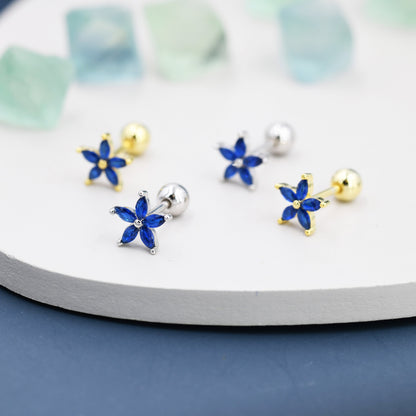 Sterling Silver Blue Forget-me-not CZ Flower Barbell Earrings,  Gold or Silver, Marquise CZ Screw Back Earrings, Stacking Earrings