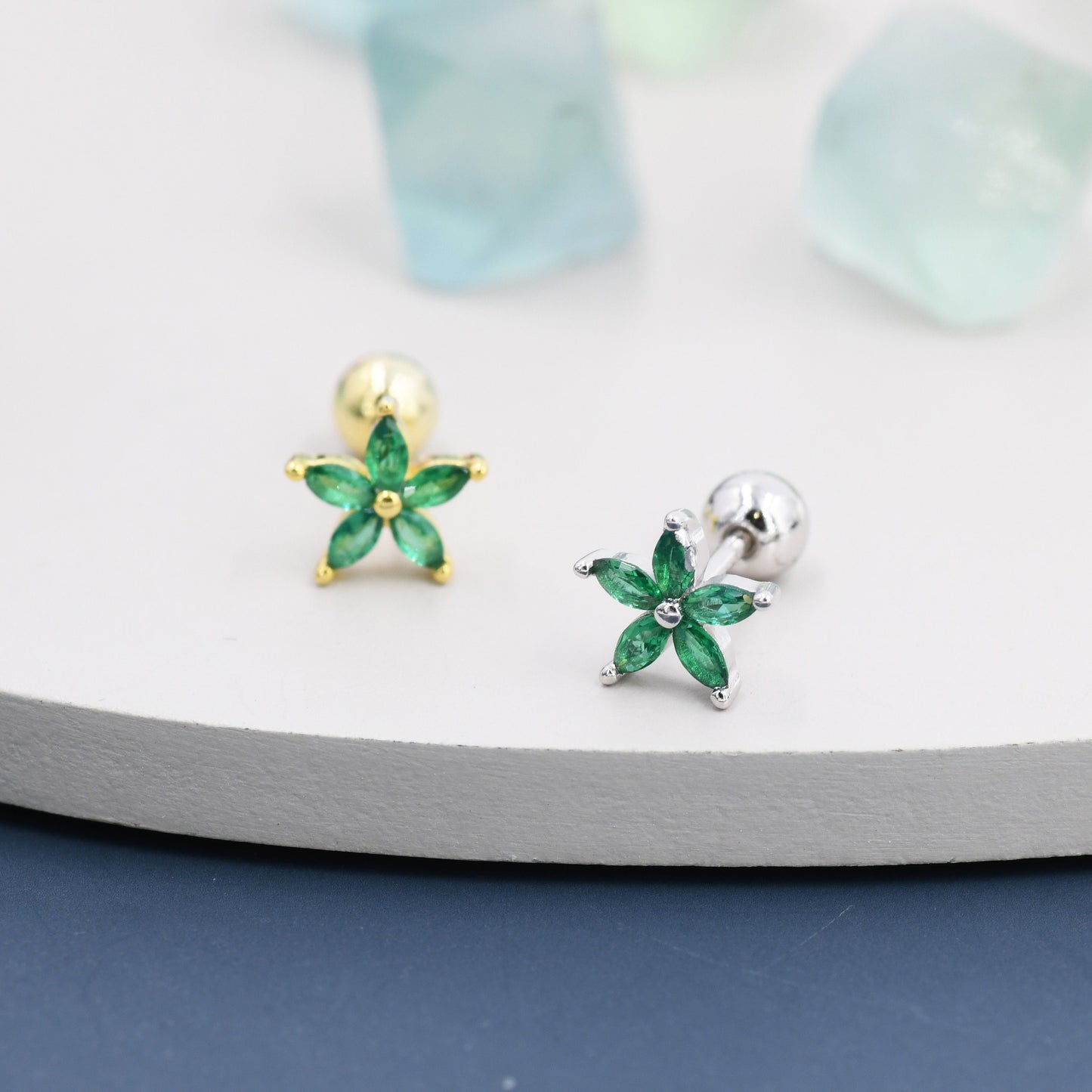 Emerald Green CZ Flower Internally Threaded Flat Back Earrings/ Screw Back Earrings in Sterling Silver,