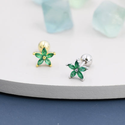 Sterling Silver Emerald Green CZ Flower Barbell Earrings, Gold or Silver, Marquise CZ Screw Back Earrings, Stacking Earrings