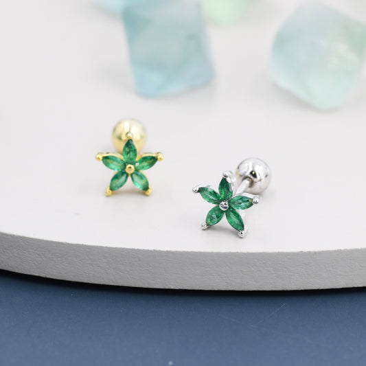 Sterling Silver Emerald Green CZ Flower Barbell Earrings, Gold or Silver, Marquise CZ Screw Back Earrings, Stacking Earrings
