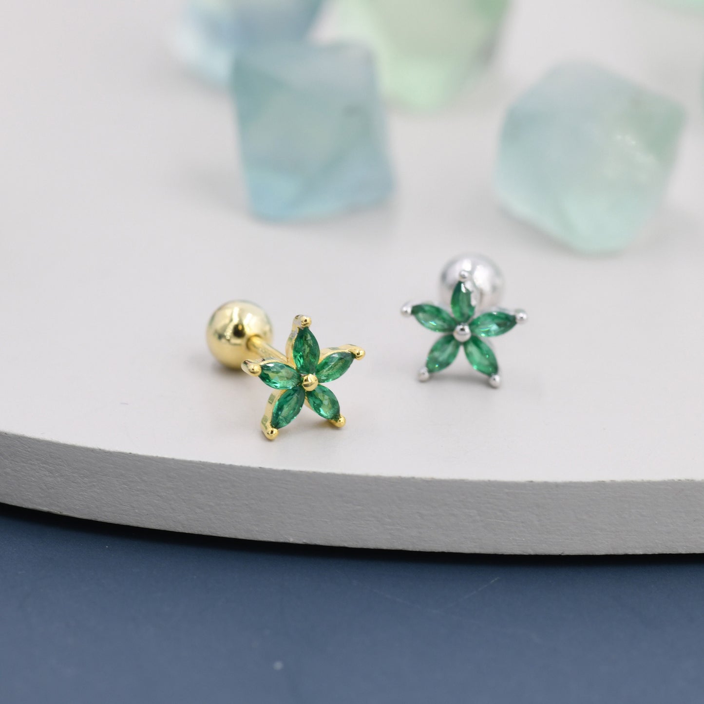 Sterling Silver Emerald Green CZ Flower Barbell Earrings, Gold or Silver, Marquise CZ Screw Back Earrings, Stacking Earrings