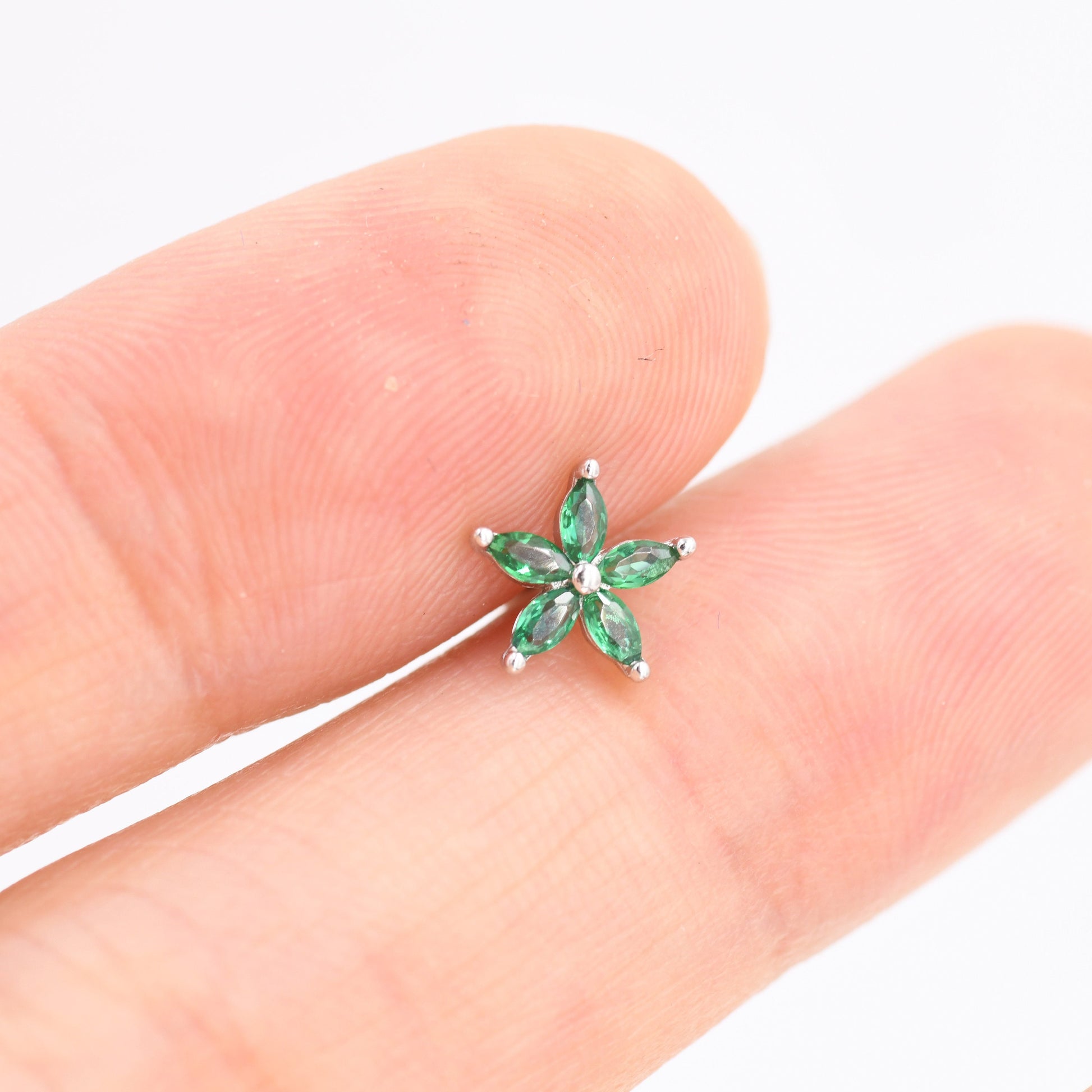 Sterling Silver Emerald Green CZ Flower Barbell Earrings, Gold or Silver, Marquise CZ Screw Back Earrings, Stacking Earrings