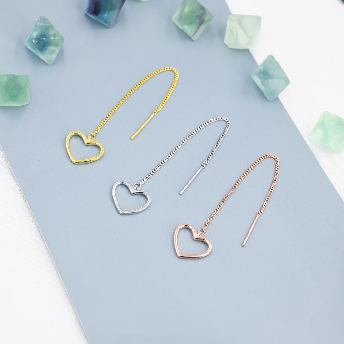 Open Heart Threader Earrings in Sterling Silver, Cutout Heart Ear Threaders, Silver, Gold or Rose Gold, Short Ear Threaders