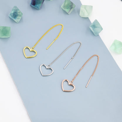 Open Heart Threader Earrings in Sterling Silver, Cutout Heart Ear Threaders, Silver, Gold or Rose Gold, Short Ear Threaders