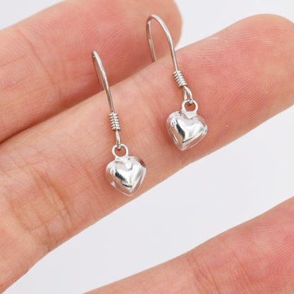 Extra Tiny Dangling Heart Drop Hook Earrings in Sterling Silver, Tiny Heart Earrings, Tiny Heart Drop Earrings, Silver Heart Earrings