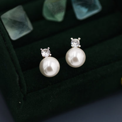 Sterling Silver Pearl and CZ Stud Earrings, Bridal Earrings, Bridesmaid&#39;s Earrings, Silver Pearl Earrings