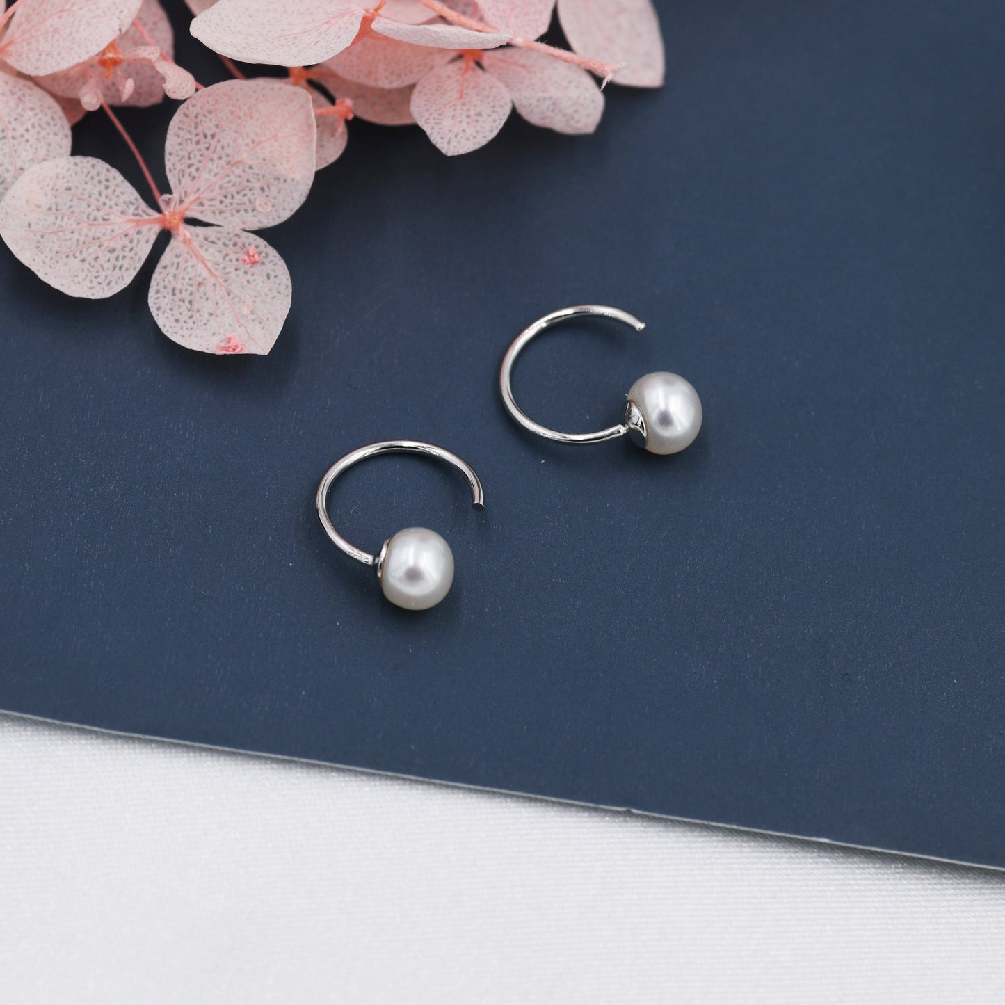 Pearl Huggie Hoops in Sterling Silver, Genuine Freshwater Pearl Semi Hoop Earrings, Open Hoop Earrings, Natural Pearl Hoops