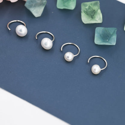 Pearl Huggie Hoops in Sterling Silver, Genuine Freshwater Pearl Semi Hoop Earrings, Open Hoop Earrings, Natural Pearl Hoops