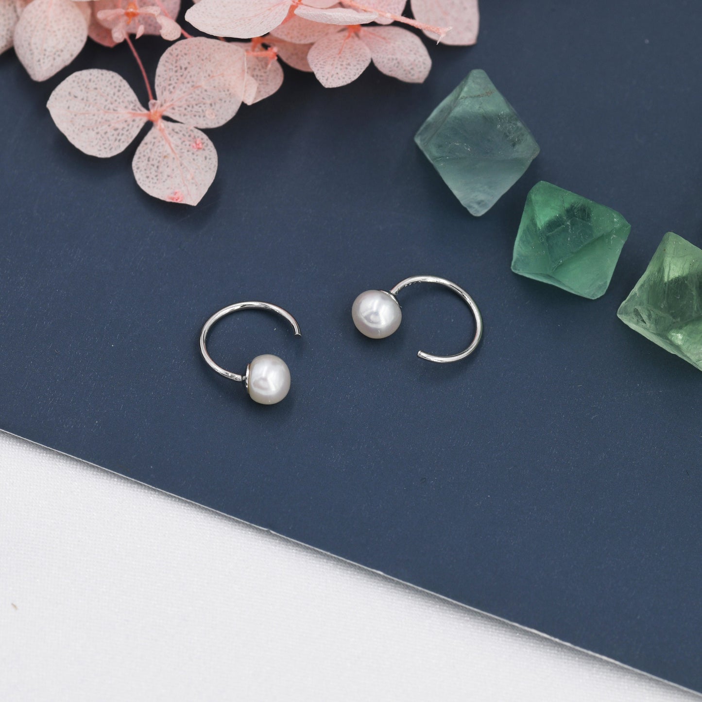 Pearl Huggie Hoops in Sterling Silver, Genuine Freshwater Pearl Semi Hoop Earrings, Open Hoop Earrings, Natural Pearl Hoops