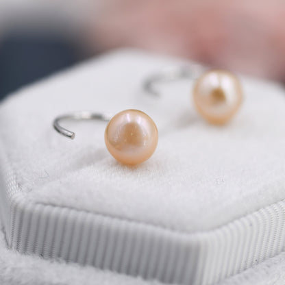 Pink Pearl Huggie Hoops in Sterling Silver, Genuine Freshwater Pearl Semi Hoop Earrings, Open Hoop Earrings, Natural Pearl Hoops