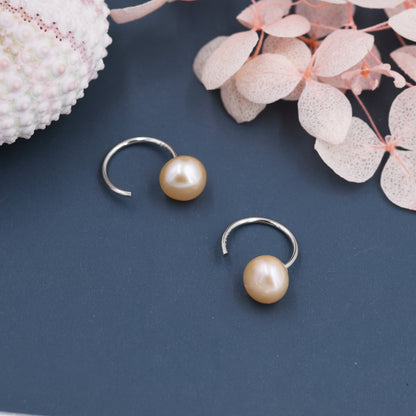 Pink Pearl Huggie Hoops in Sterling Silver, Genuine Freshwater Pearl Semi Hoop Earrings, Open Hoop Earrings, Natural Pearl Hoops