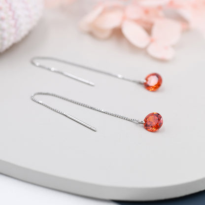 Garnet Red CZ Dot Threader Earrings in Sterling Silver,  Minimalist Ear Threaders, January Birthstone