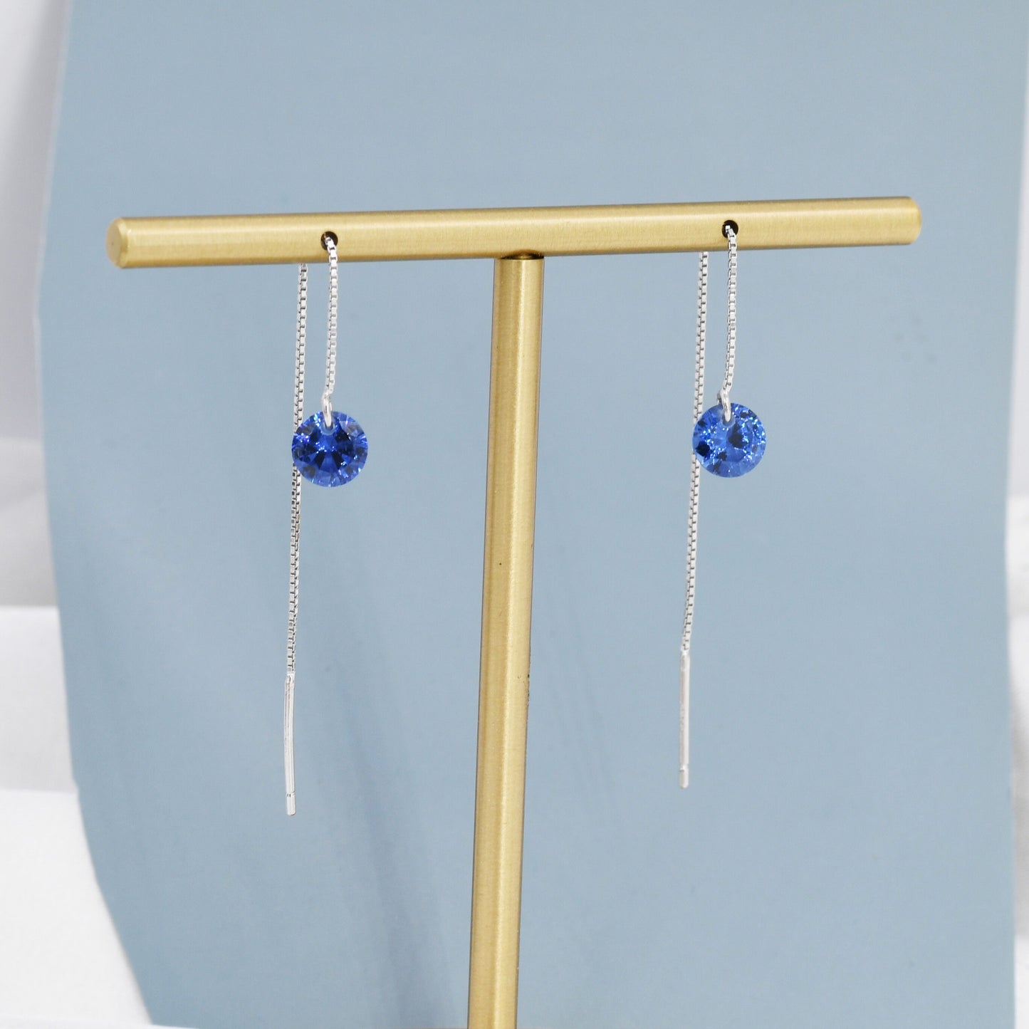 Sapphire Blue CZ Dot Threader Earrings in Sterling Silver,  Minimalist Ear Threaders, September Birthstone