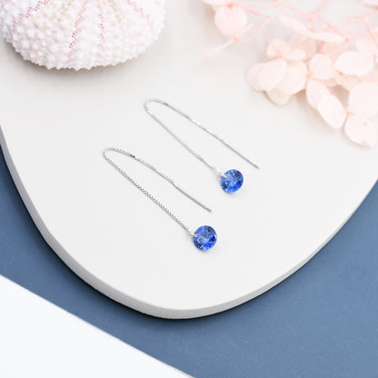 Sapphire Blue CZ Dot Threader Earrings in Sterling Silver,  Minimalist Ear Threaders, September Birthstone