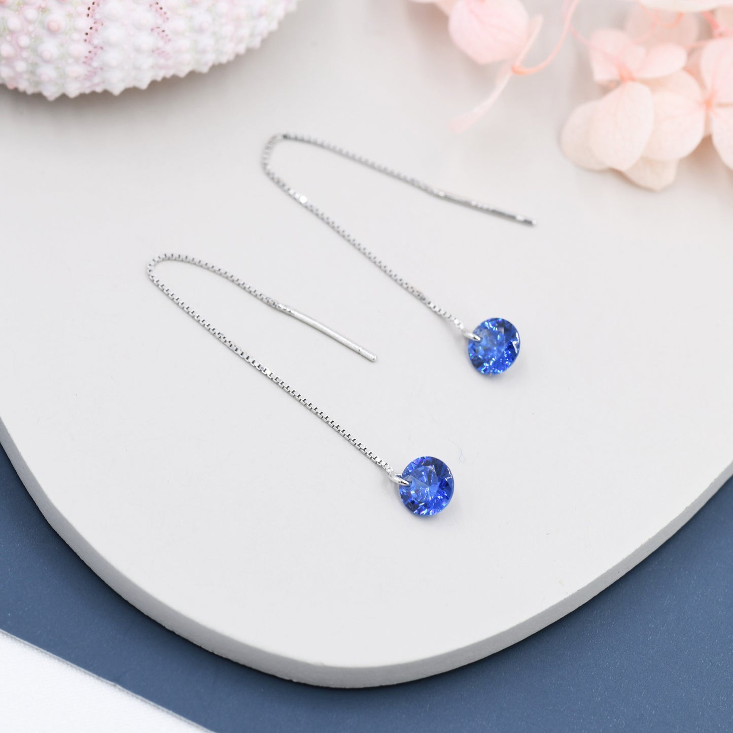 Sapphire Blue CZ Dot Threader Earrings in Sterling Silver,  Minimalist Ear Threaders, September Birthstone