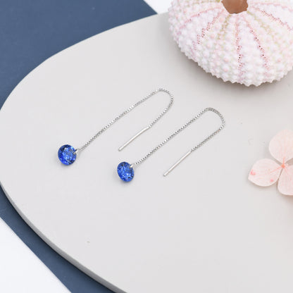 Sapphire Blue CZ Dot Threader Earrings in Sterling Silver,  Minimalist Ear Threaders, September Birthstone