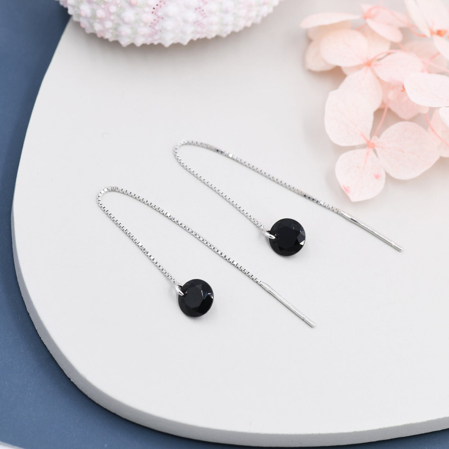 Black CZ Dot Threader Earrings in Sterling Silver,  Minimalist Ear Threaders,  Black Diamond Threaders