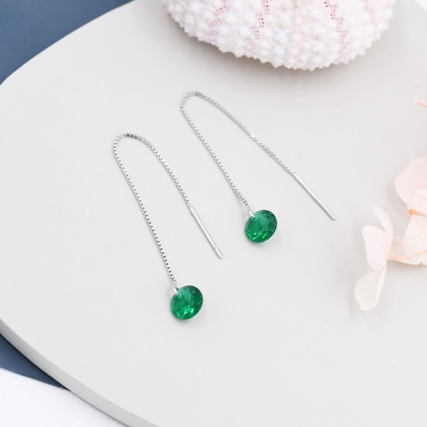 Emerald Green CZ Dot Threader Earrings in Sterling Silver,  Minimalist Ear Threaders, May Birthstone