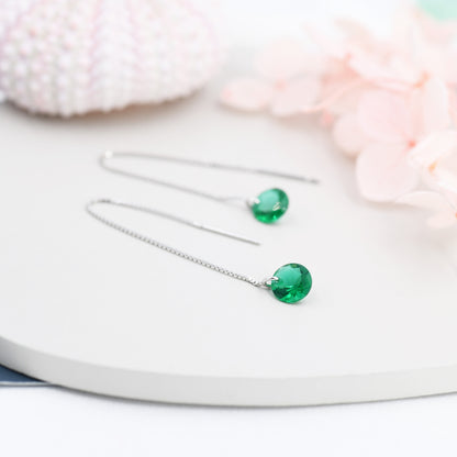 Emerald Green CZ Dot Threader Earrings in Sterling Silver,  Minimalist Ear Threaders, May Birthstone