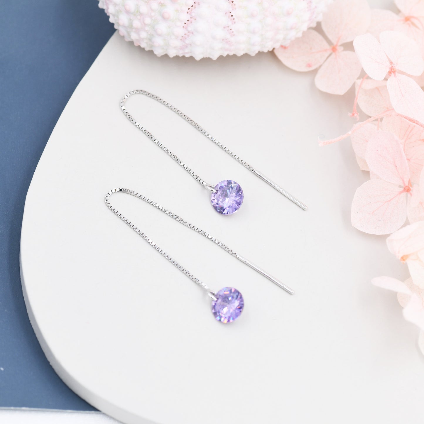 Amethyst Purple CZ Dot Threader Earrings in Sterling Silver,  Minimalist Ear Threaders, Sparkly Crystal Threaders, February Birthstone