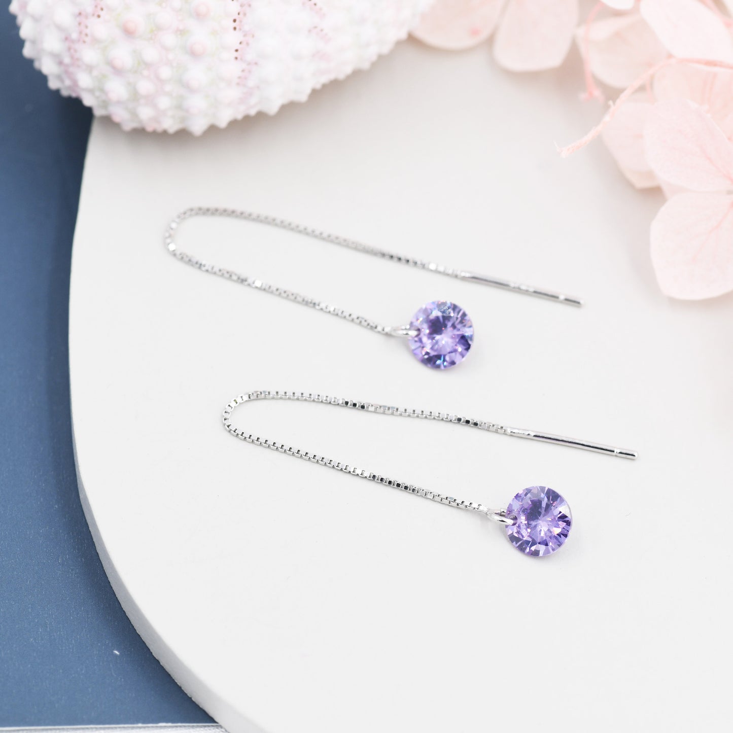 Amethyst Purple CZ Dot Threader Earrings in Sterling Silver,  Minimalist Ear Threaders, Sparkly Crystal Threaders, February Birthstone