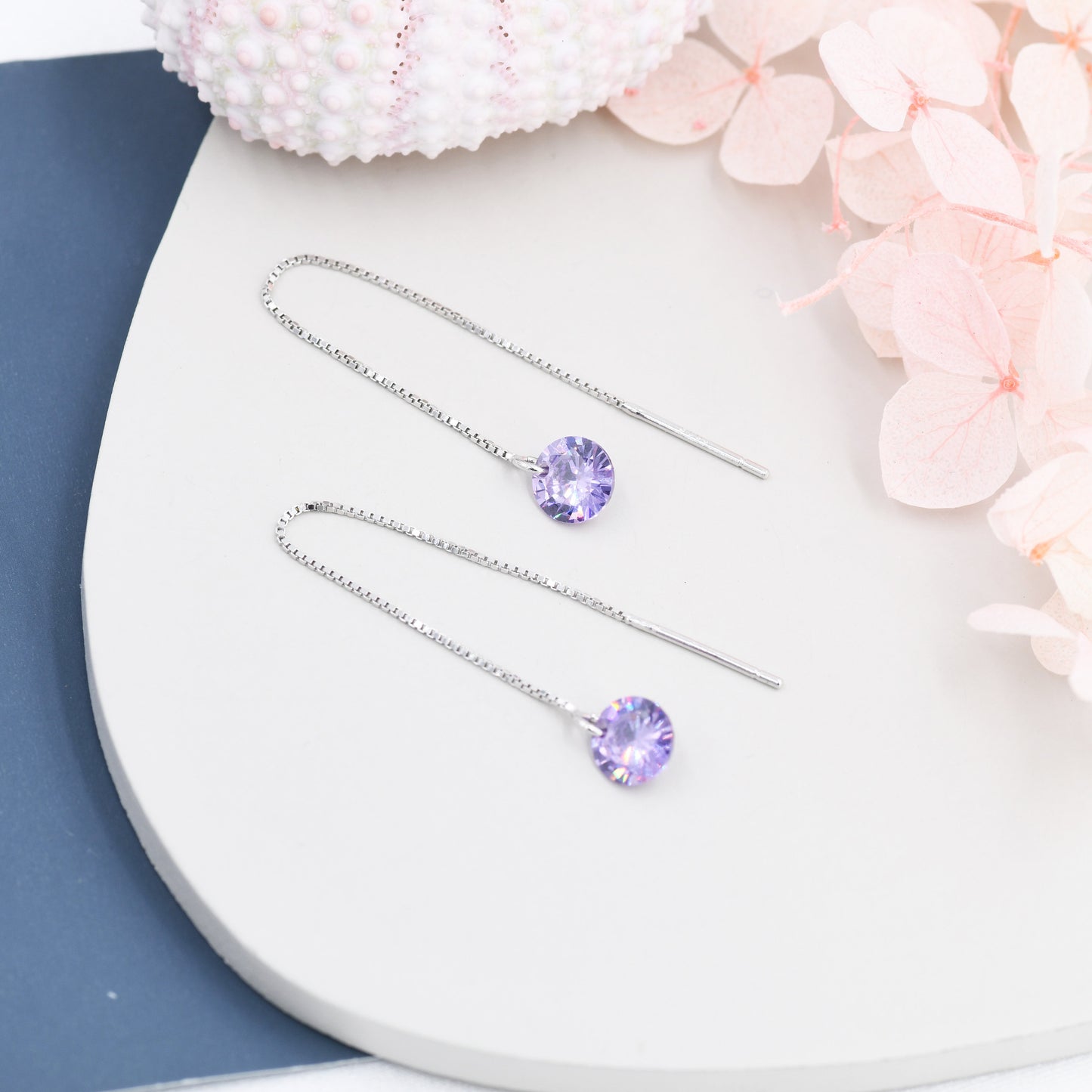 Amethyst Purple CZ Dot Threader Earrings in Sterling Silver,  Minimalist Ear Threaders, Sparkly Crystal Threaders, February Birthstone