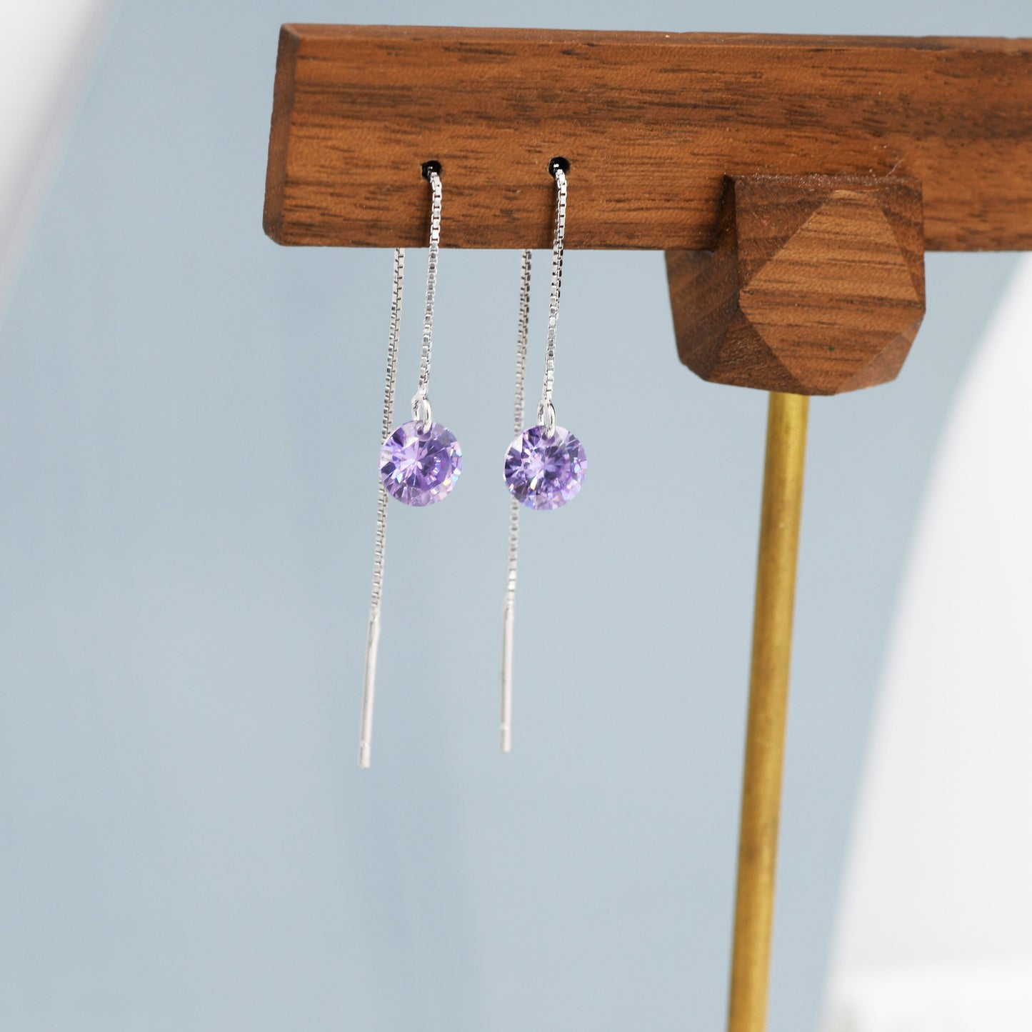 Amethyst Purple CZ Dot Threader Earrings in Sterling Silver,  Minimalist Ear Threaders, Sparkly Crystal Threaders, February Birthstone