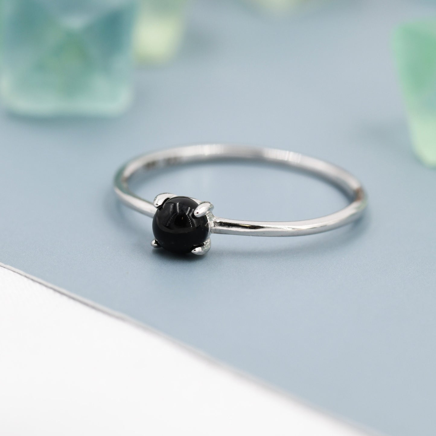 Black Onyx Ring in Sterling Silver, US 5 - 8, Natural Peridot Ring, Simple Gemstone Ring, Semi-Precious, Genuine Stone