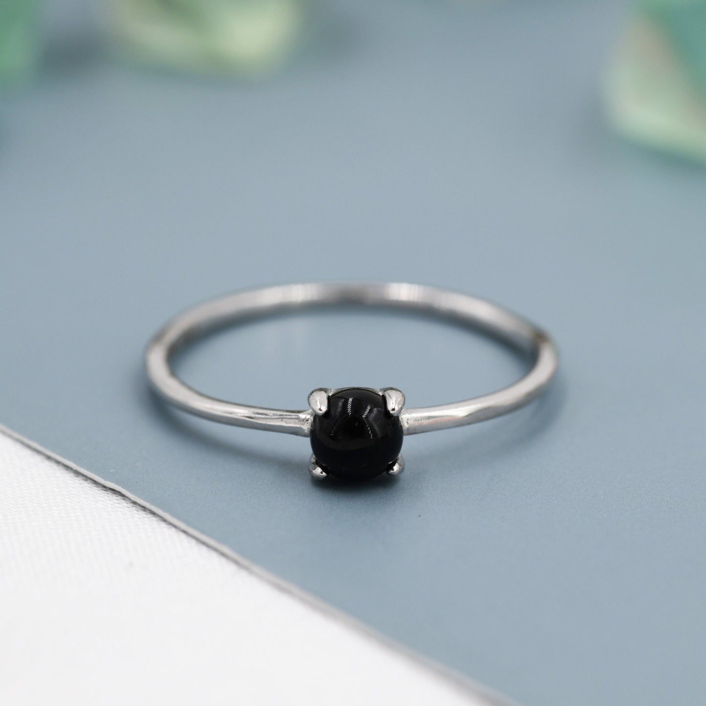 Black Onyx Ring in Sterling Silver, US 5 - 8, Natural Peridot Ring, Simple Gemstone Ring, Semi-Precious, Genuine Stone