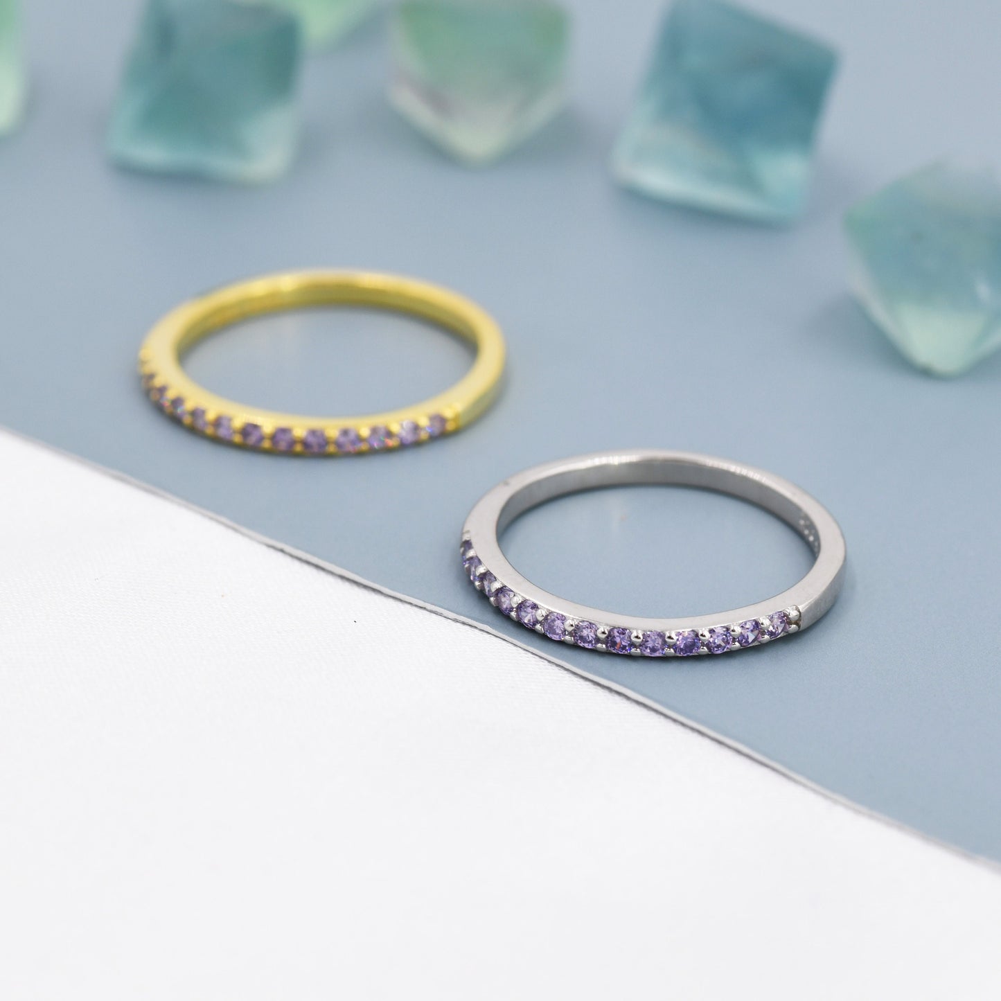 Amethyst Lilac Purple Half Eternity Ring in Sterling Silver, Silver or Gold, Green Purple CZ Skinny Ring, Minimalist Stacking Ring US 5 - 8