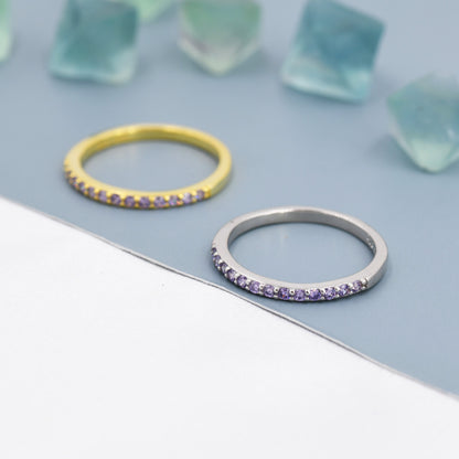 Amethyst Lilac Purple Half Eternity Ring in Sterling Silver, Silver or Gold, Green Purple CZ Skinny Ring, Minimalist Stacking Ring US 5 - 8