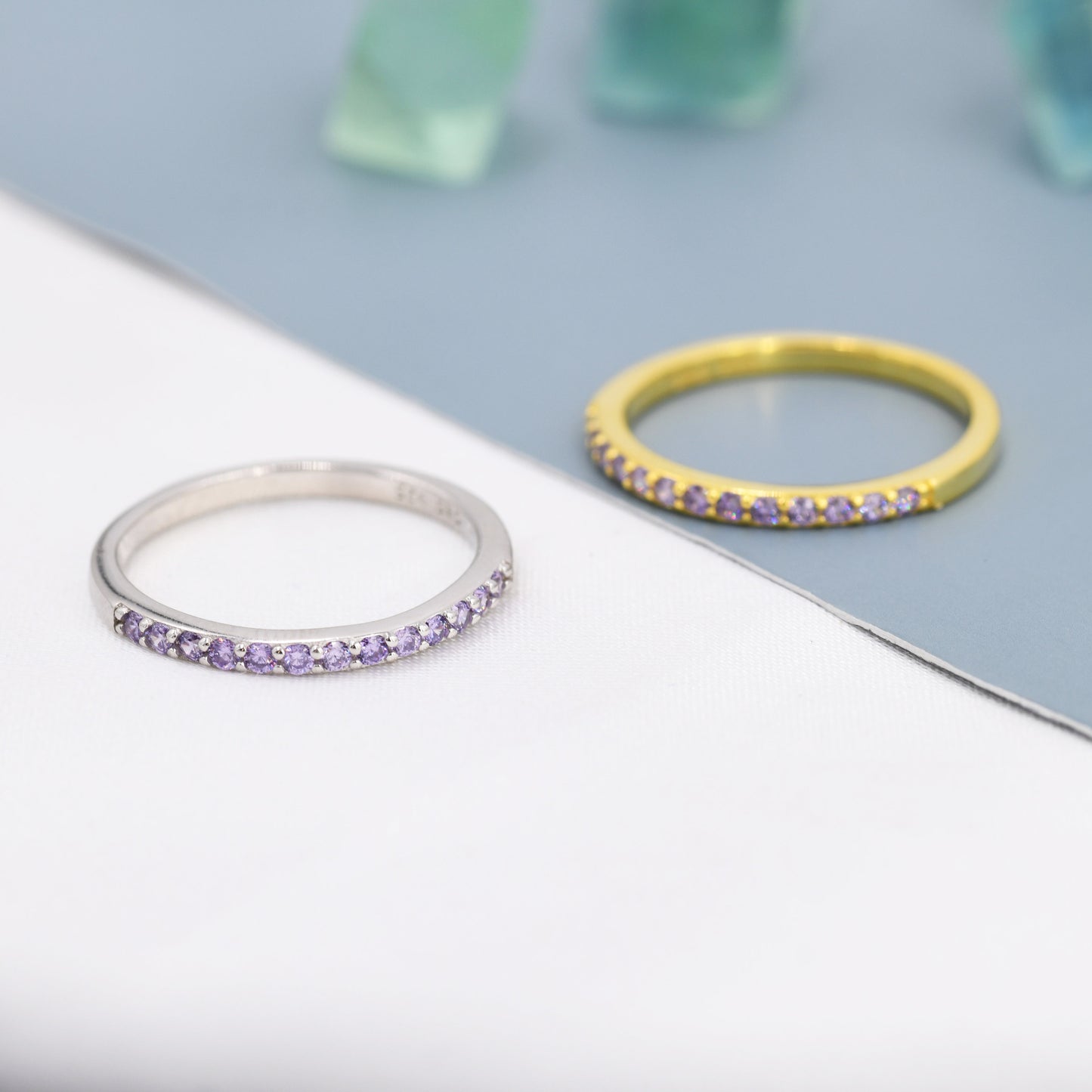 Amethyst Lilac Purple Half Eternity Ring in Sterling Silver, Silver or Gold, Green Purple CZ Skinny Ring, Minimalist Stacking Ring US 5 - 8