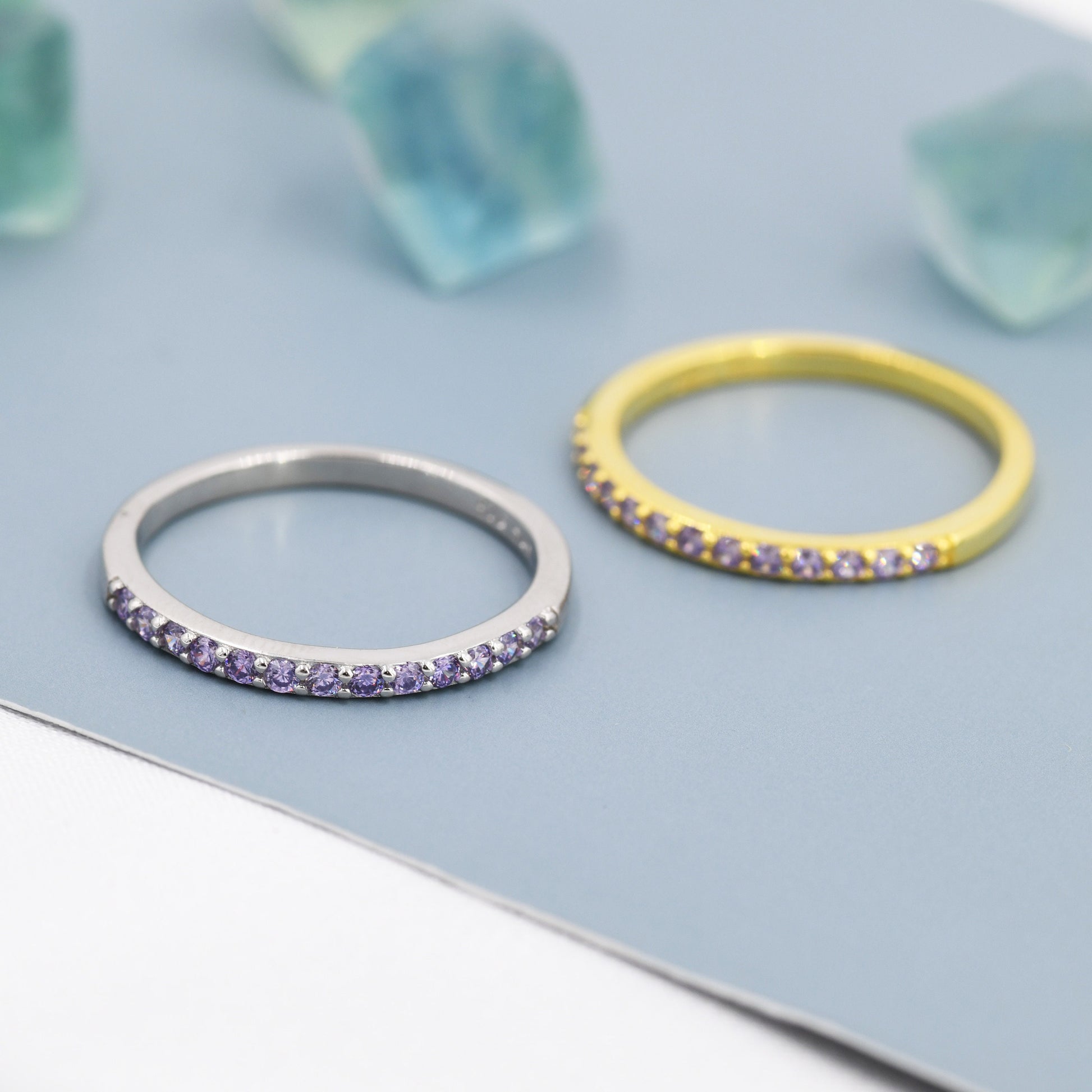 Amethyst Lilac Purple Half Eternity Ring in Sterling Silver, Silver or Gold, Green Purple CZ Skinny Ring, Minimalist Stacking Ring US 5 - 8