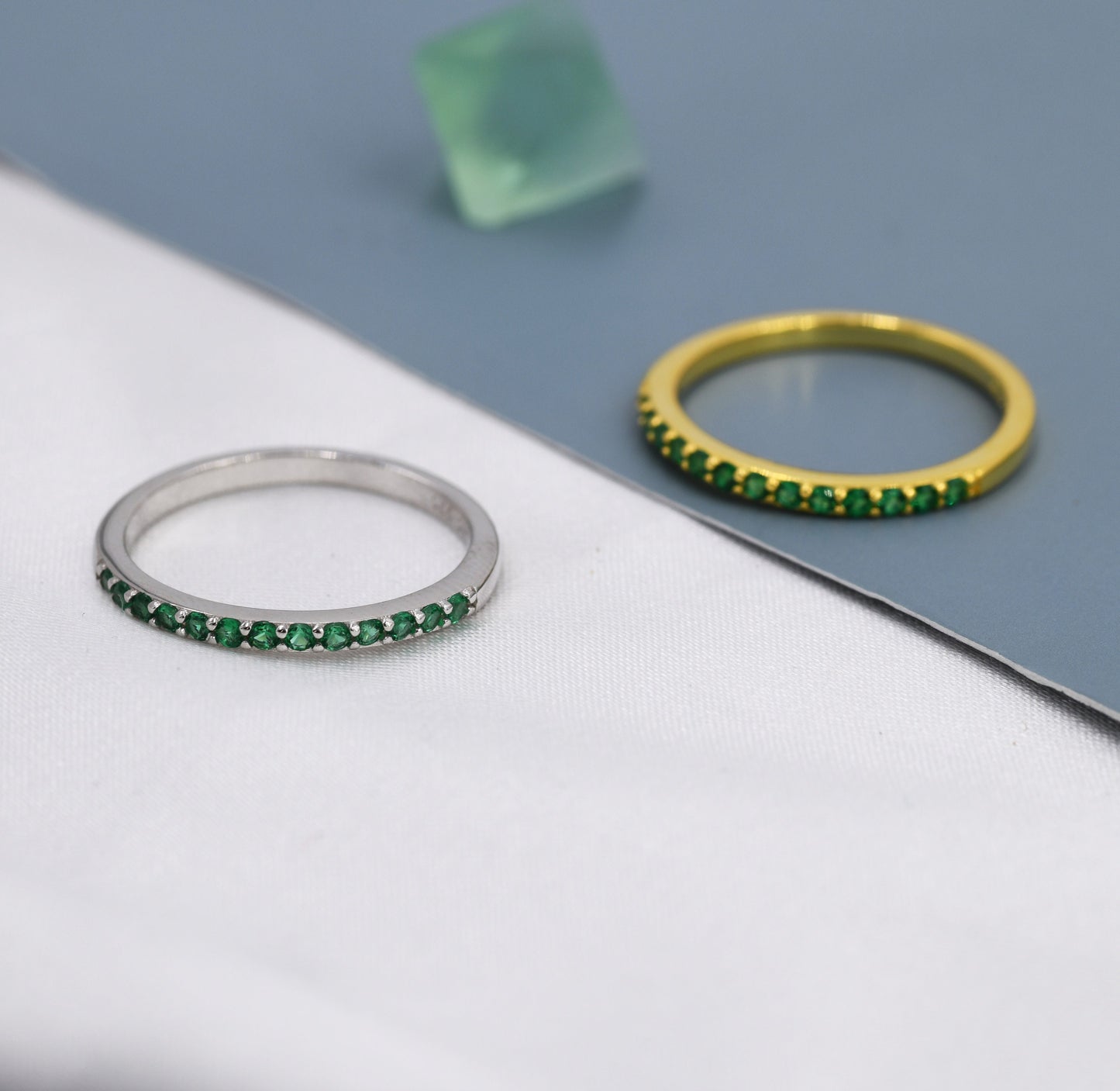 Emerald Green Half Eternity Ring in Sterling Silver, Silver or Gold, Green Emerald CZ Skinny Ring, Minimalist Stacking Ring US 5 - 8